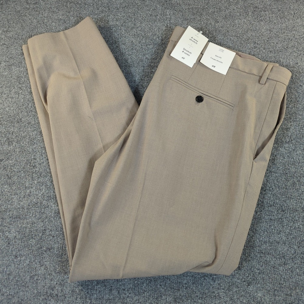 HM Slim Fit Dress Pants Mens W40 Tan Beige 4-Way Stretch‎ Trousers New #2516